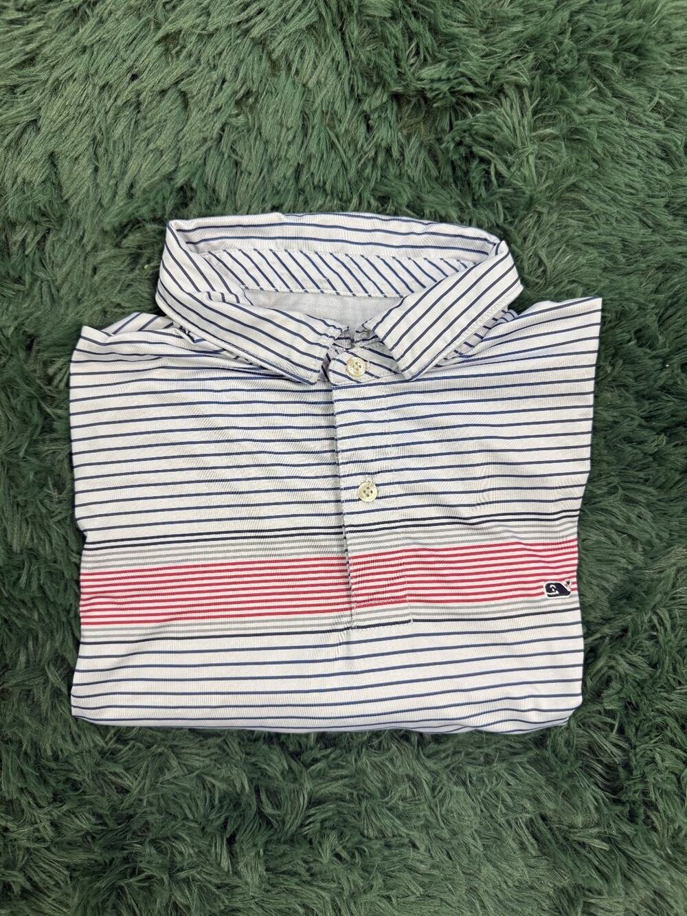 Vineyard Vines Men's L Performance Polo Shirt White Blue Red Stripe Whale Logo
